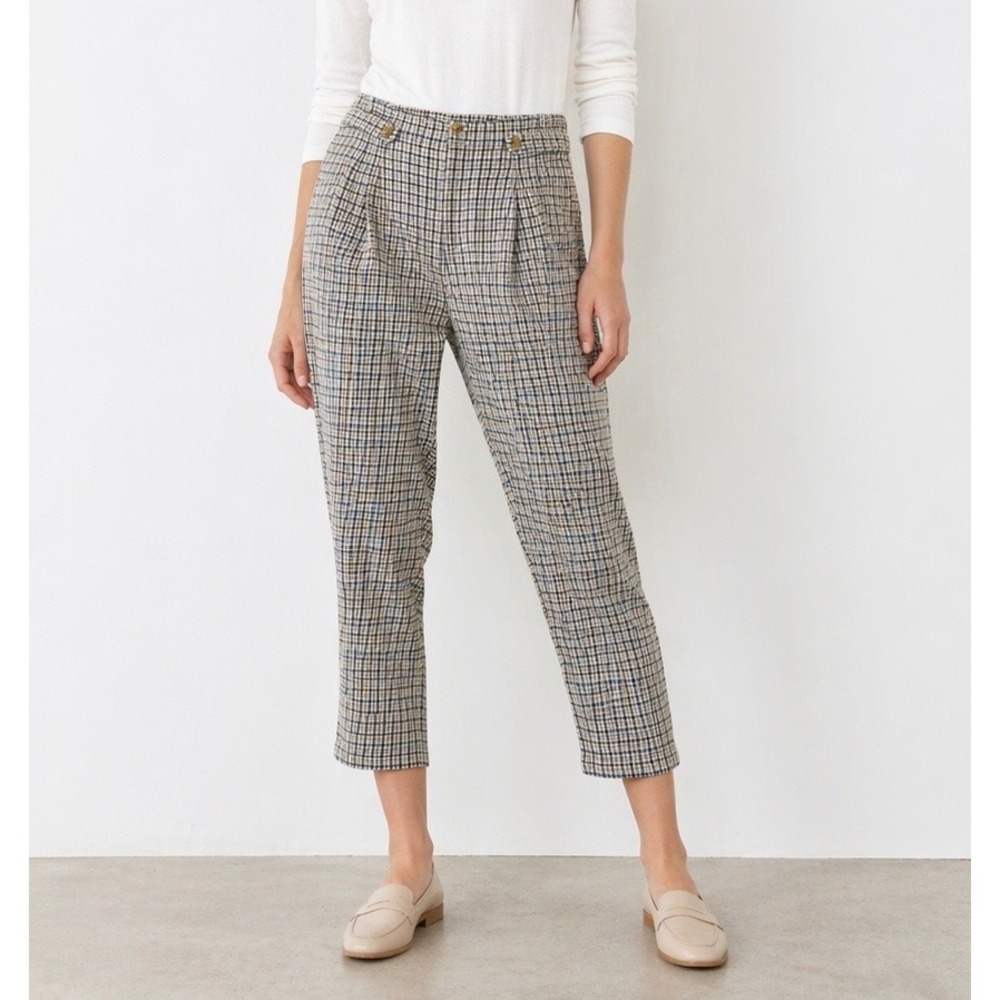 Sundance Plaid Tapered Pants Womens 12 Cotton‎ Linen Ankle Crop Pleated Academia